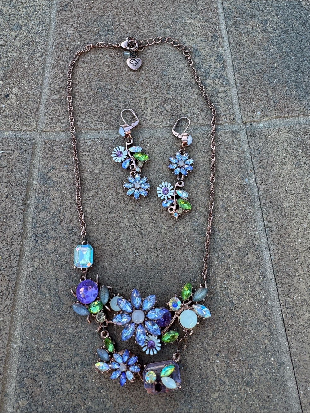 Betsy Johnson Iridescent Floral Crystal Necklace and earrings
